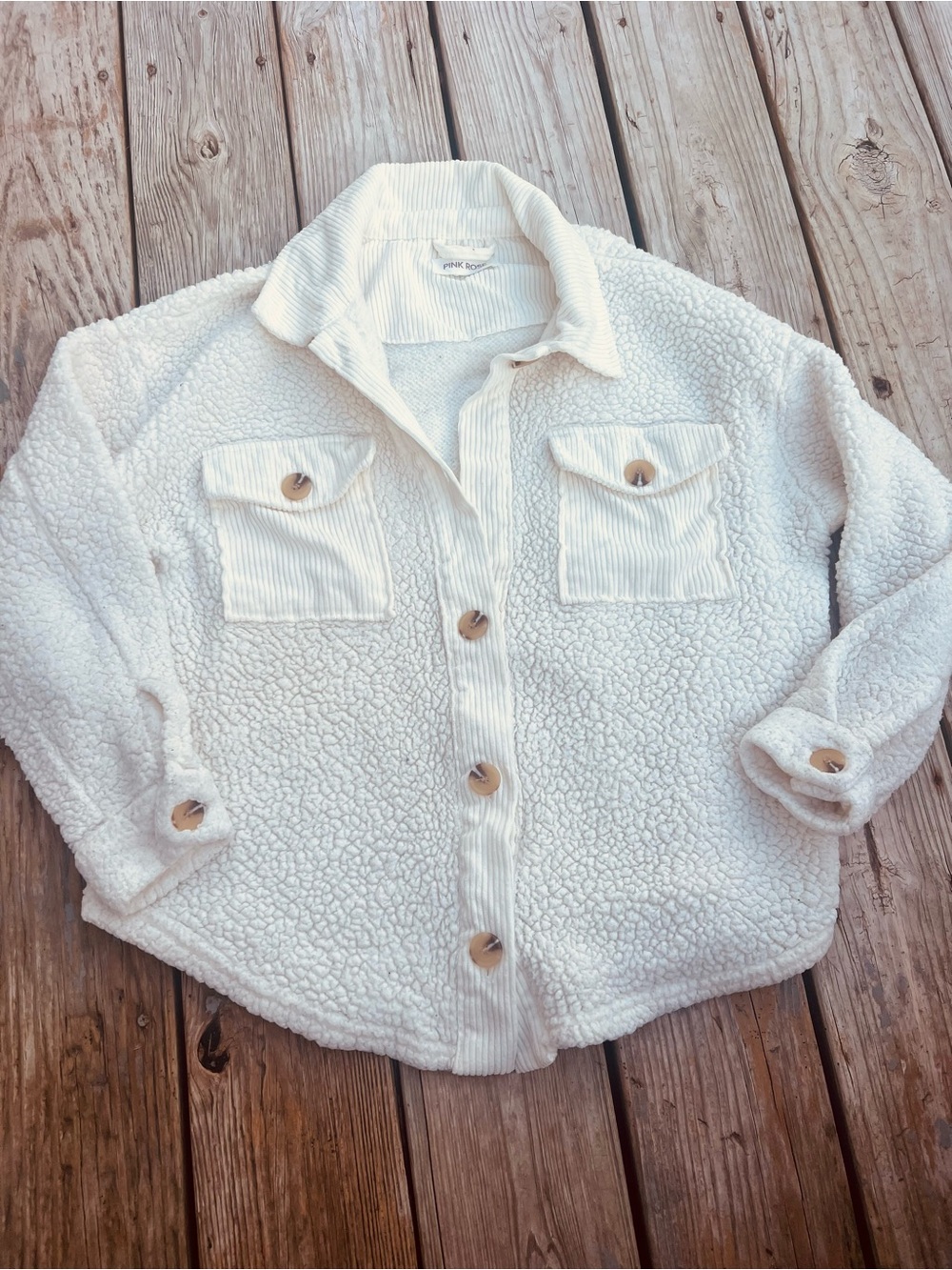 Pink Rose Cream Sherpa Shacket ladies large missing one button at top